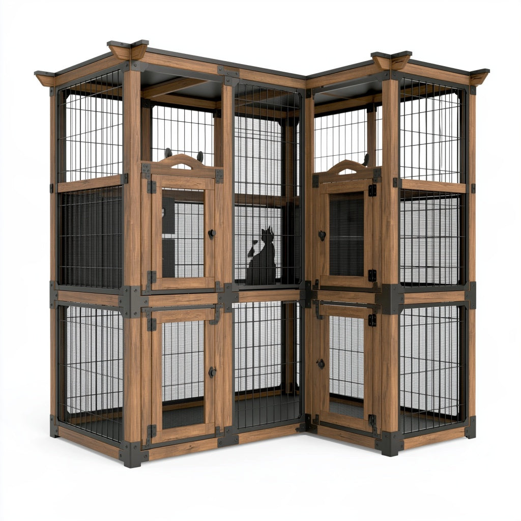Katzengehege 180 x 90 x 180 cm Holz Metall Braun Schwarz mehrstöckig
