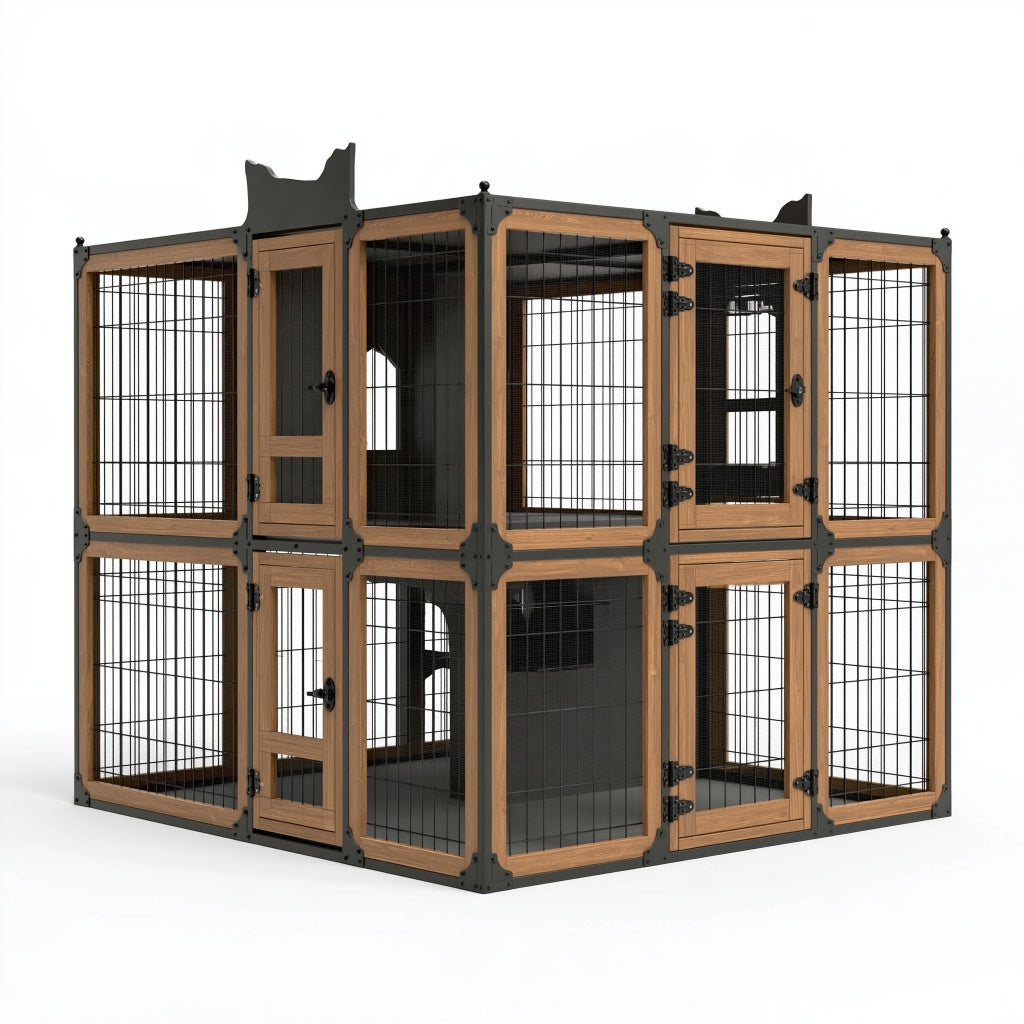 Katzengehege 180 x 90 x 180 cm Holz Metall Braun Schwarz zweistöckig mit Türen