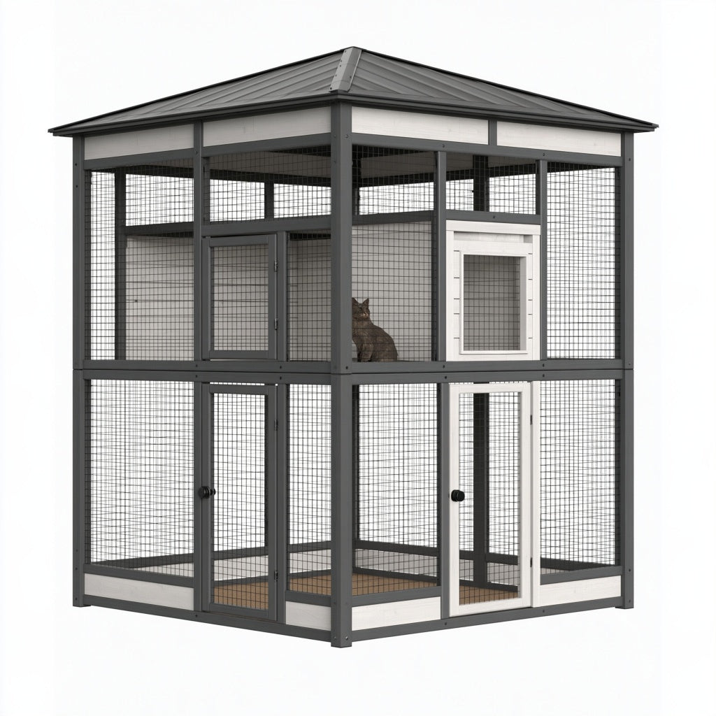 Katzengehege 180 x 120 x 220 cm Metall Anthrazit Weiß mit Gitterwänden und Dach