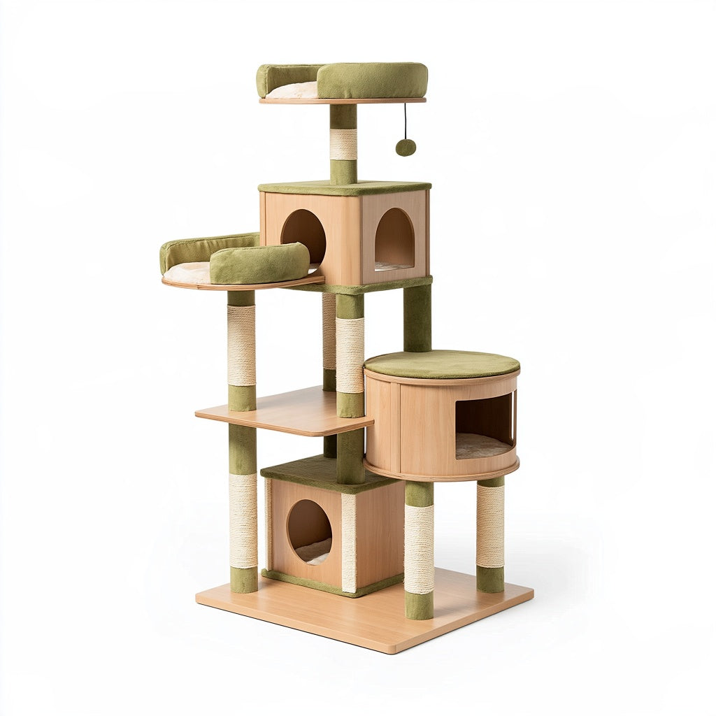 Kratzbaum 60 cm 60 cm 170 cm aus Holzwerkstoff Sisal und Plüsch in Grün Naturholz für Katzen mit Höhlen Liegeflächen und Spielball