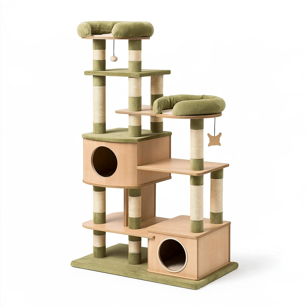 Katzenkratzbaum 120 x 60 x 180 cm aus Holz und Sisal Grün Natur mit Liegeflächen und Katzenhöhlen