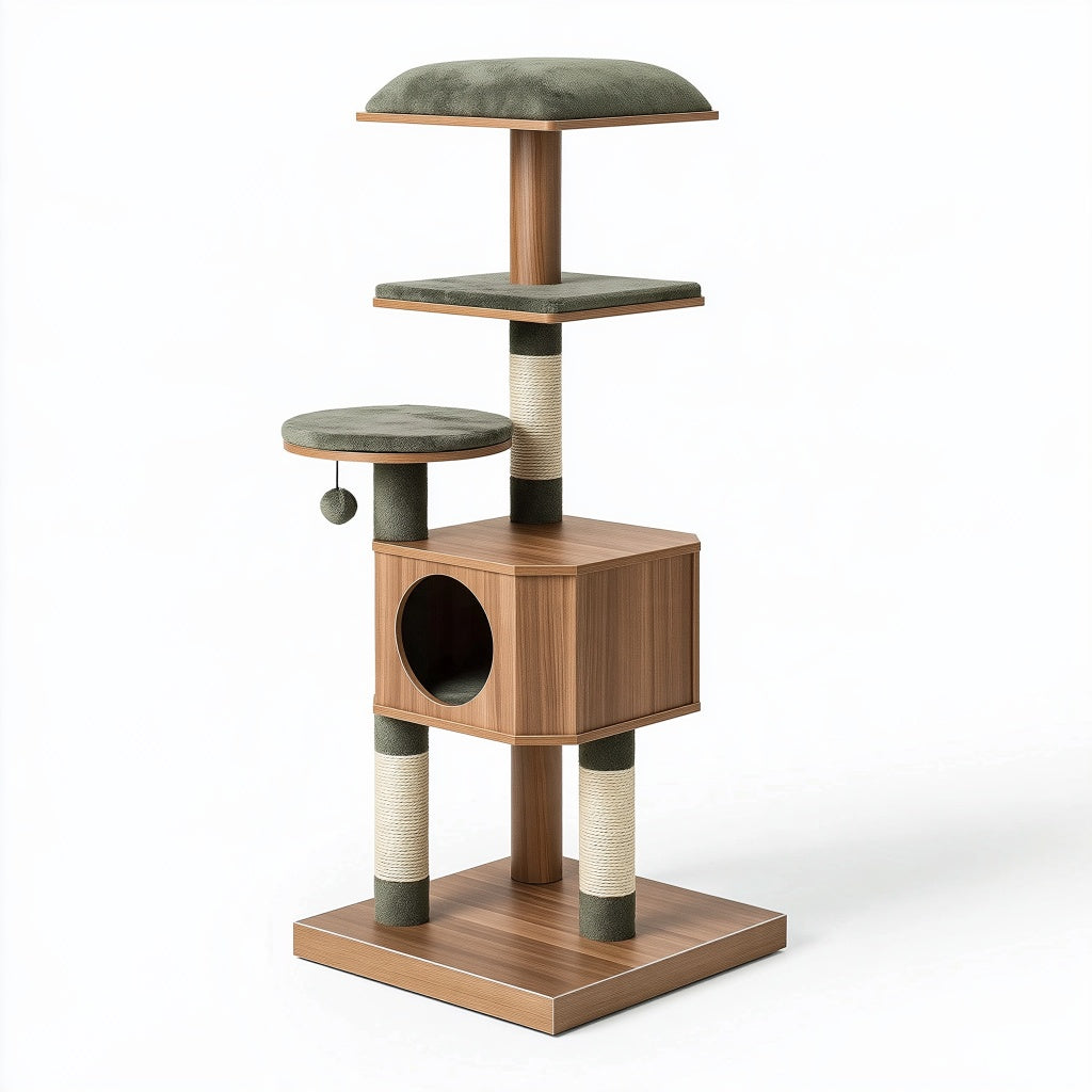 Katzenbaum 60 x 60 x 160 cm Holz Grün Braun mit Sisal Kratzsäulen und Höhlenplattformen