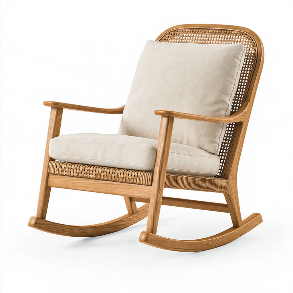 Schaukelstuhl 68 x 95 x 102 cm aus Holz und Rattangeflecht in Honigbraun Creme mit Polsterung