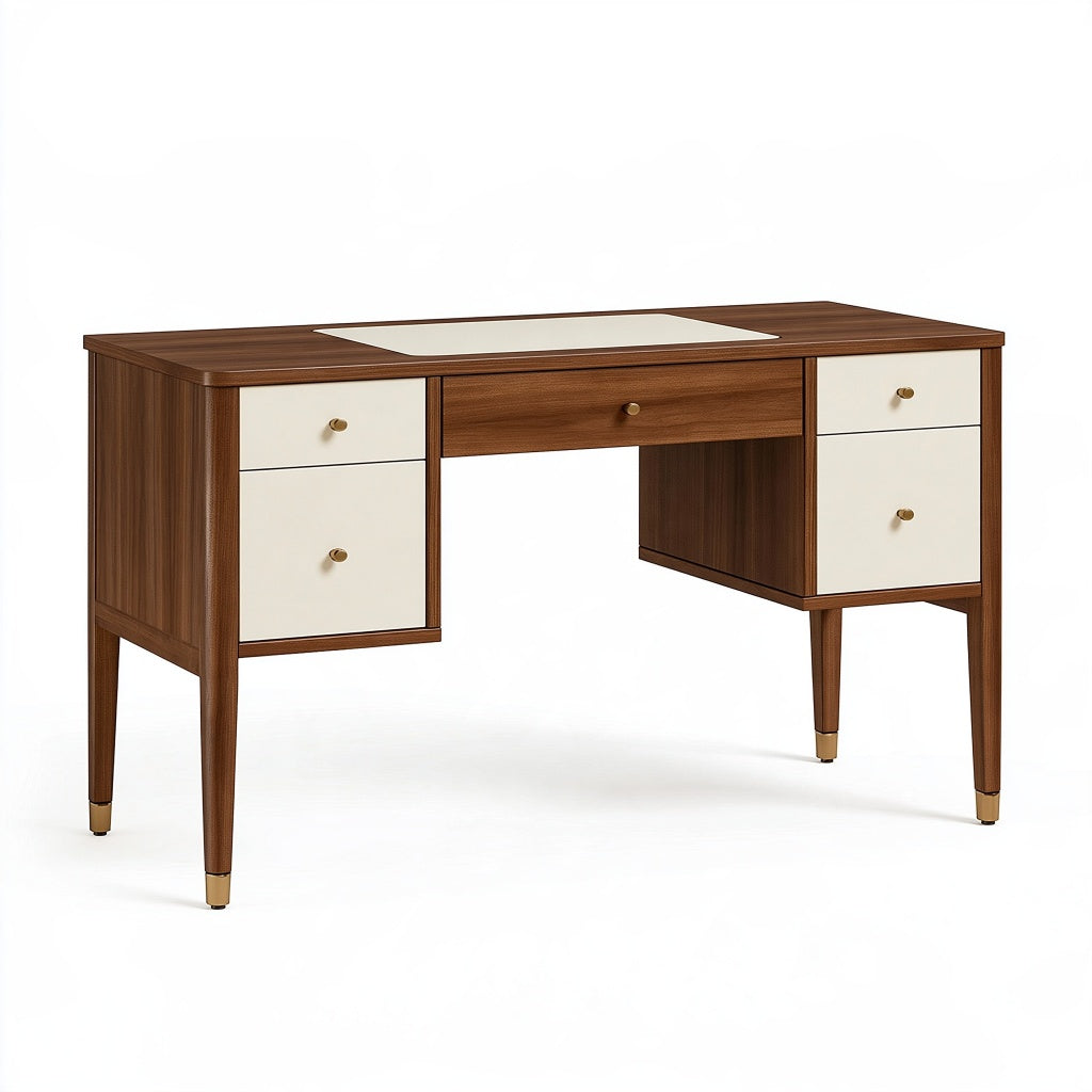 Schreibtisch 140 x 60 x 76 cm in Walnussbraun und Cremeweiß mit 5 Schubladen