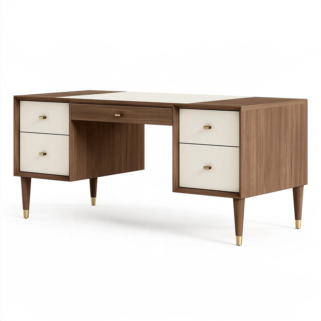 Schreibtisch 140 x 60 x 75 cm aus Holzwerkstoff in Walnuss Creme im Mid Century Stil