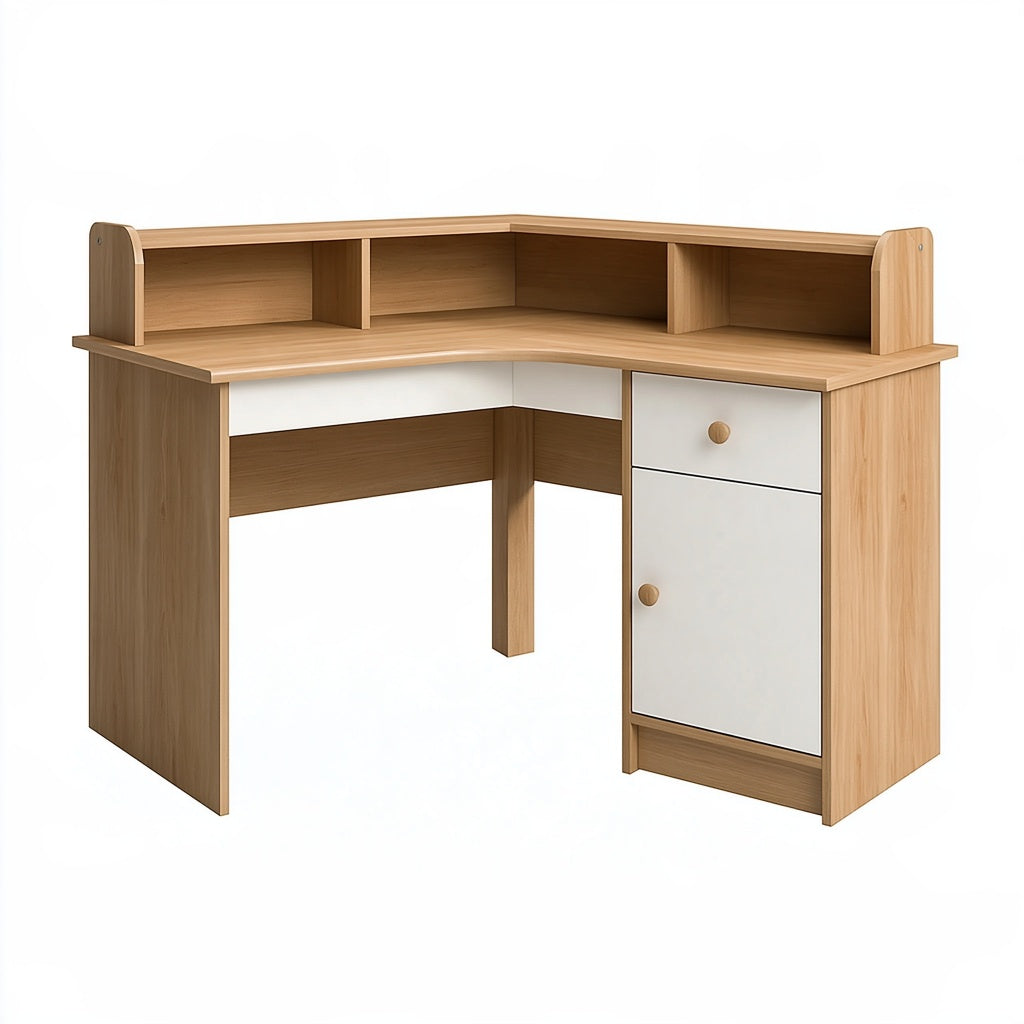 Eckschreibtisch 120 x 120 x 90 cm Holzwerkstoff Naturholz Weiß mit Schublade und Ablagen