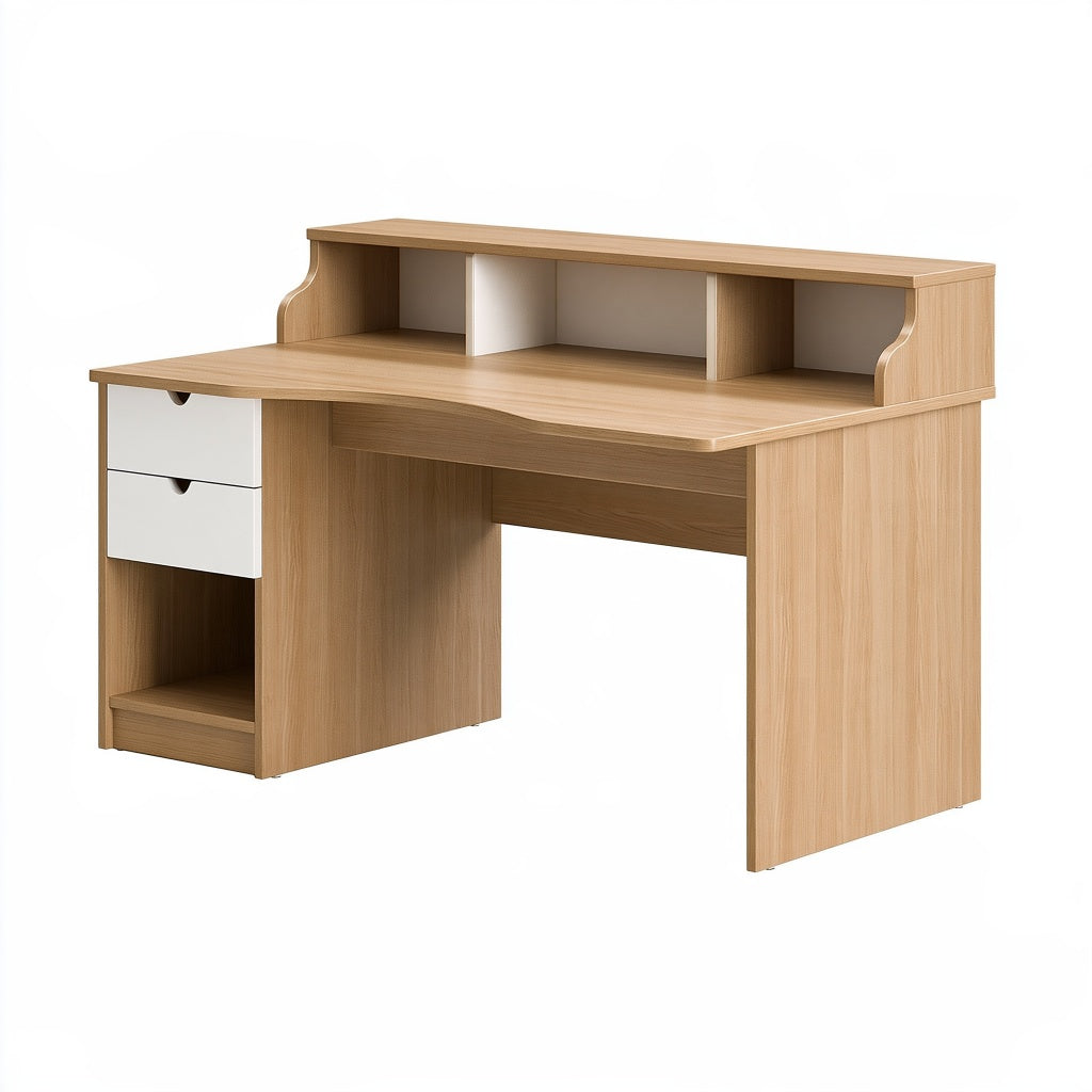Schreibtisch 120 x 60 x 90 cm Holzwerkstoff Naturweiß mit Schubladen und Aufsatzregal