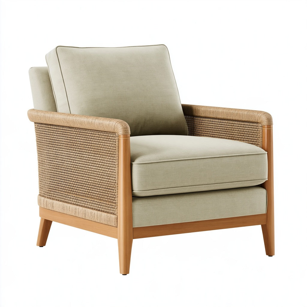 Sessel 78 x 82 x 85 cm aus Holz und Rattan in Naturbeige mit gepolsterter Sitzfläche