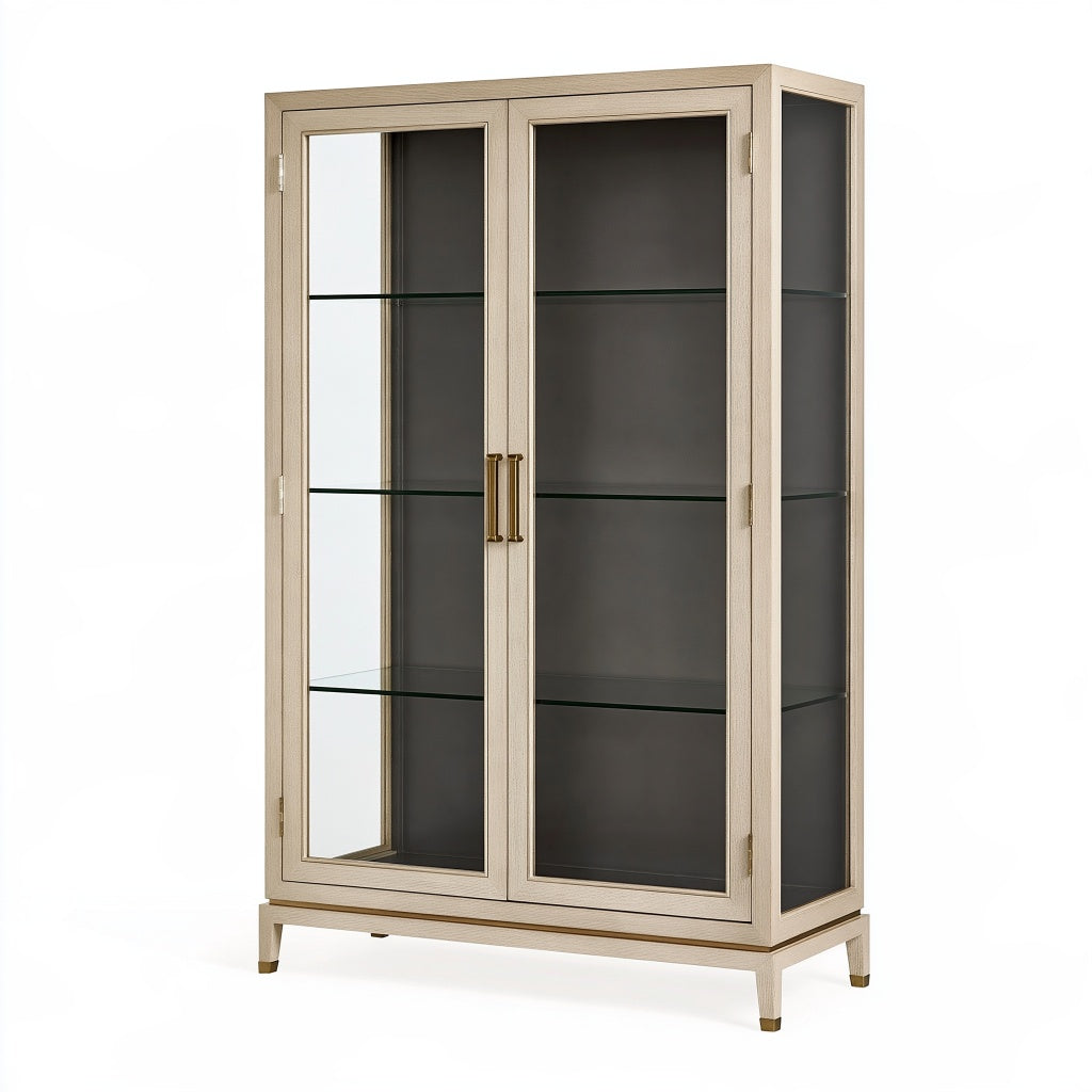 Vitrine 90 x 40 x 180 cm Holz und Glas Beige Grau mit 2 Türen